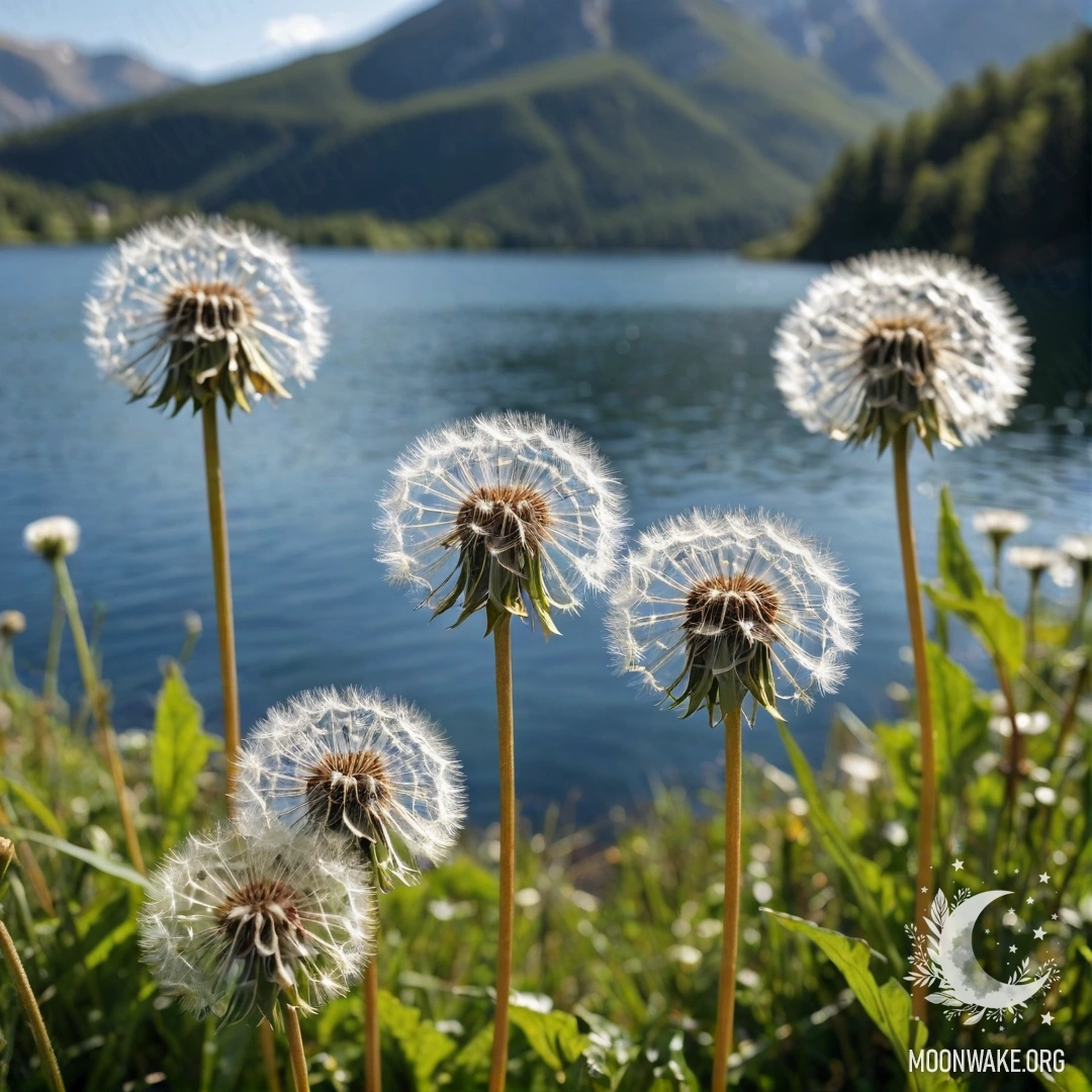 Close-up view of dandelions in a sunny field with blurred mountain lake in the background.
