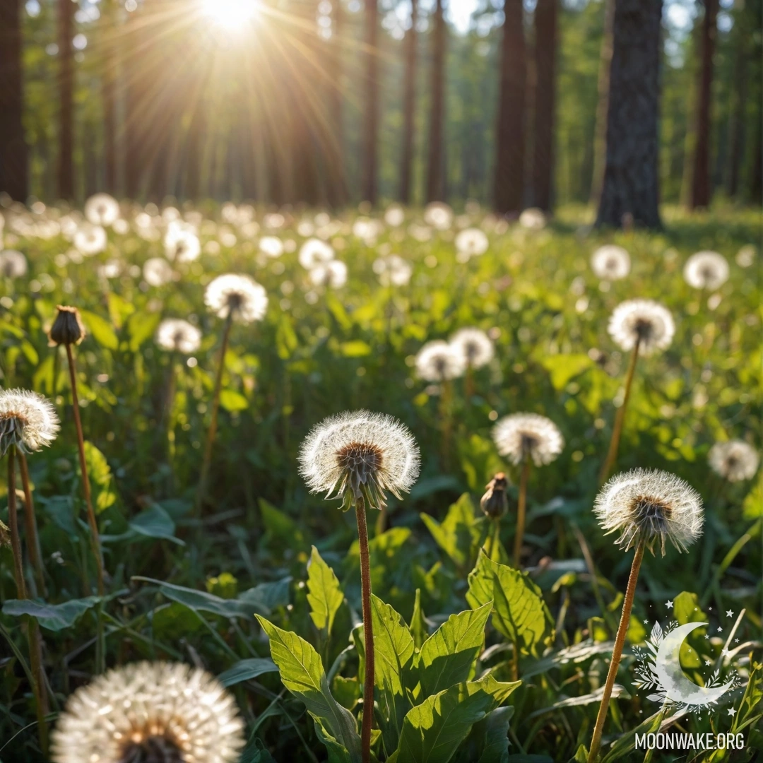 Close-up of dandelions in a beautiful field with a blurred forest background and sun rays.