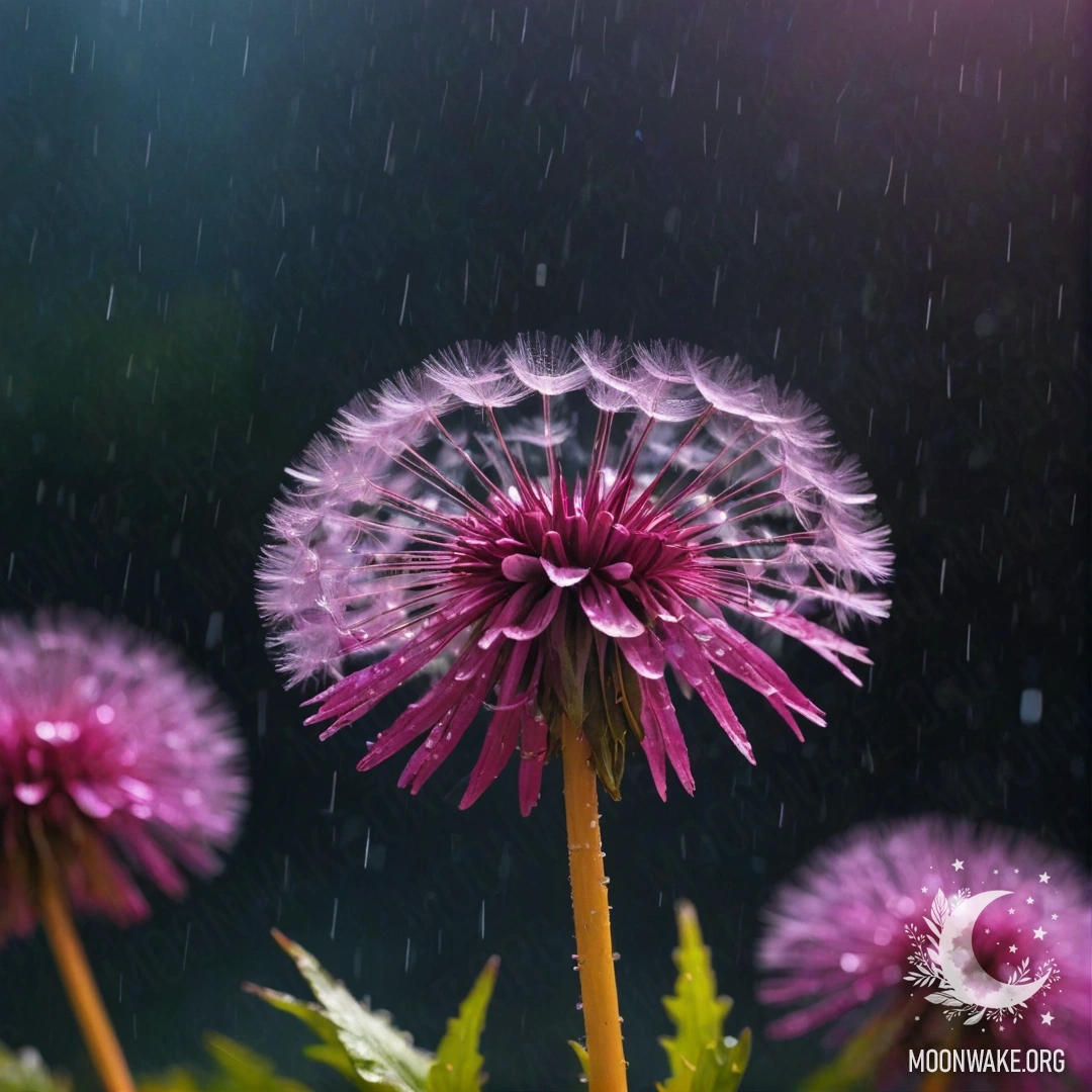 Dandelion Bouquet Under Rainy Night A serene bouquet of fuchsia dandelions shimmering under the rain at night.