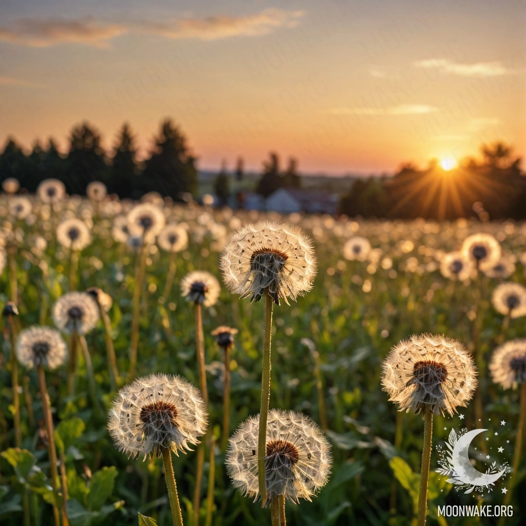 Close-up of dandelions in a field with a bokeh sunset background.