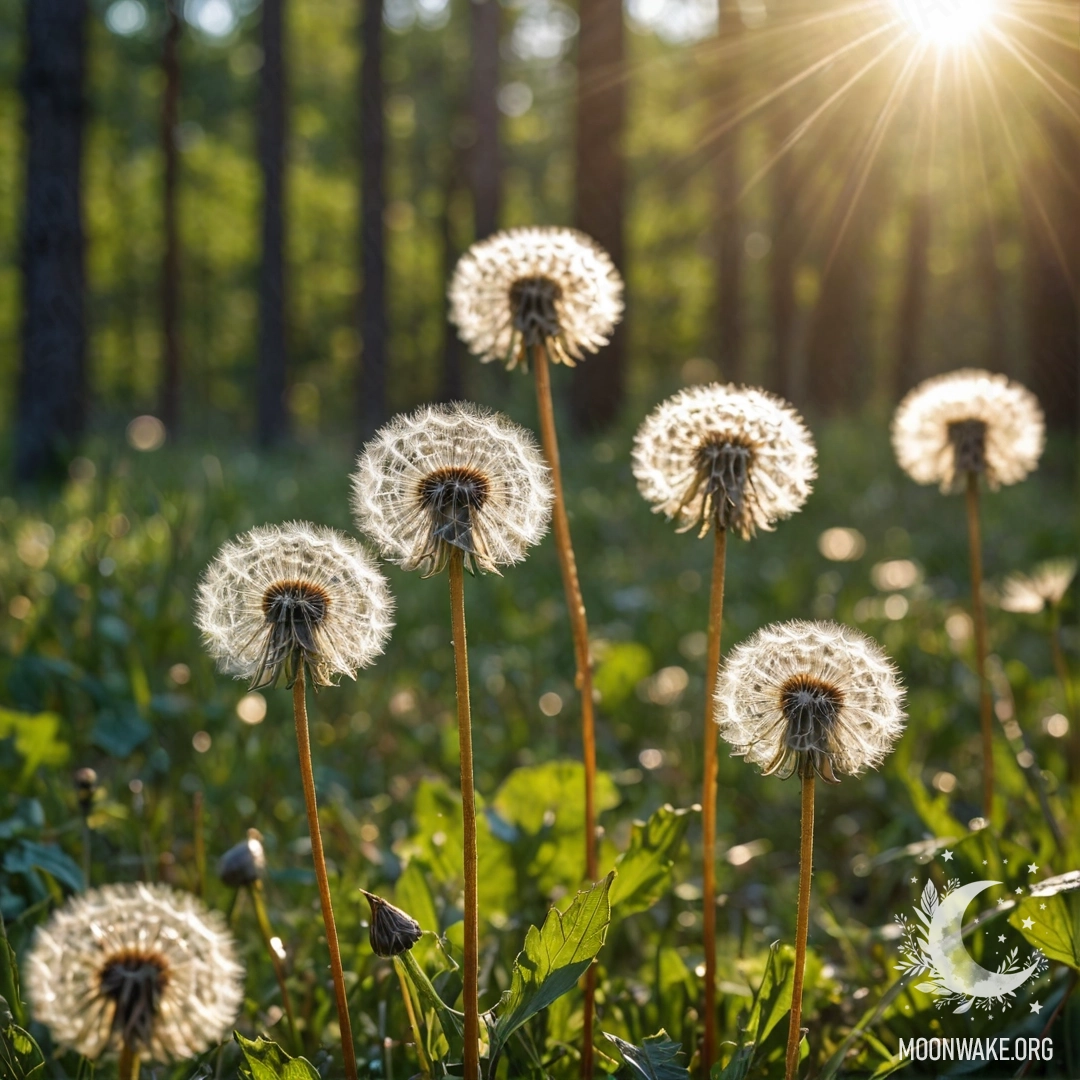 Dandelion Dreams in a Serene Forest A close-up of dandelions in a peaceful field with a blurred forest background.