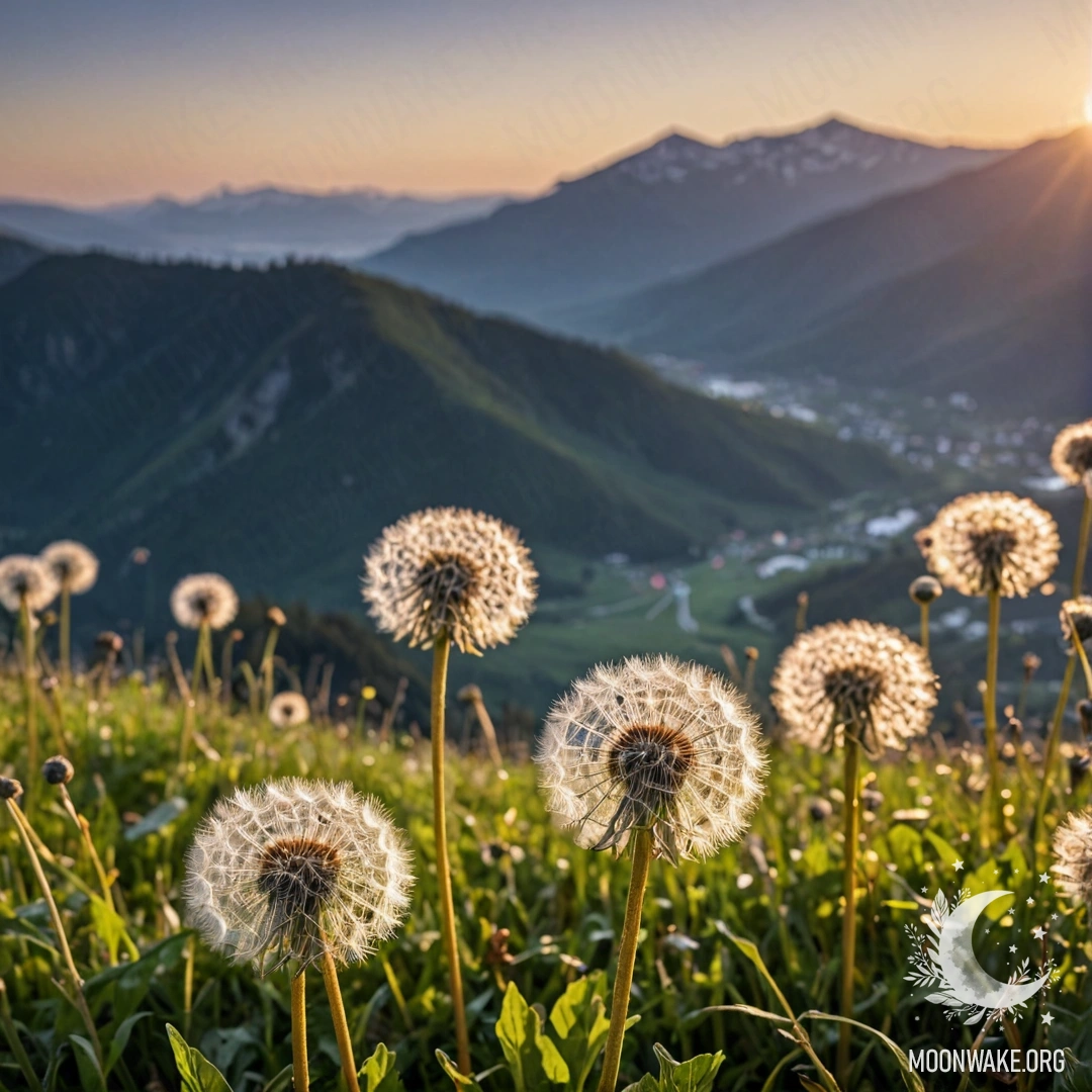 Dandelion Dreams in a Sunlit Field A close-up view of dandelions in a peaceful field with mountains bokeh in the background during sunset.