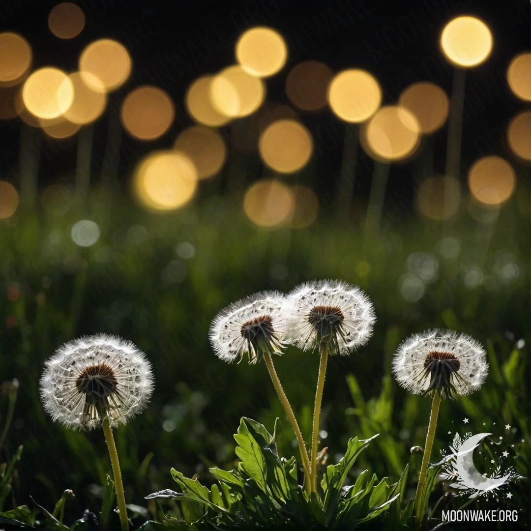 A close-up view of dandelions in a bokeh night setting.