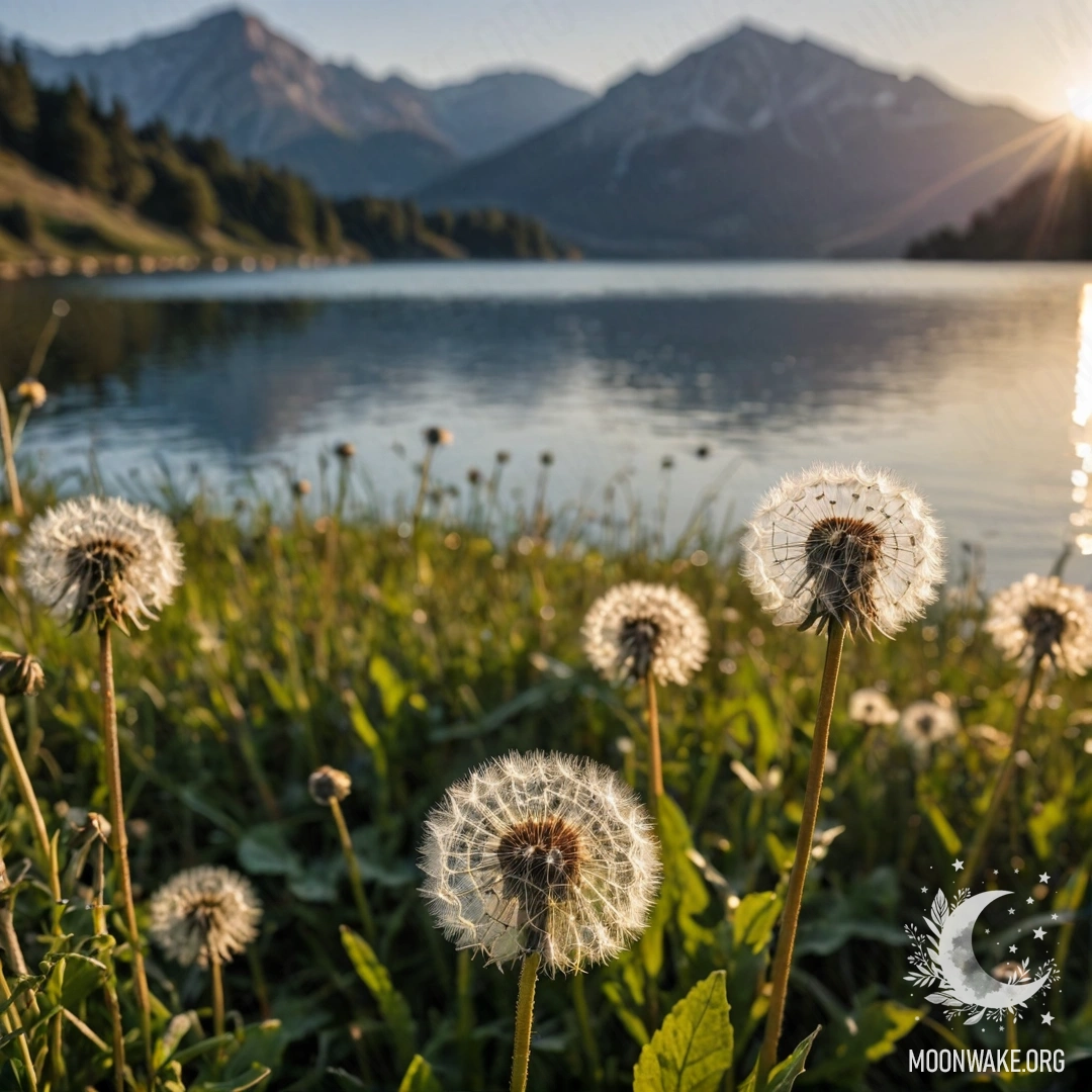 Close-up of dandelions in a beautiful field against a bokeh background of a mountain lake during sunset.