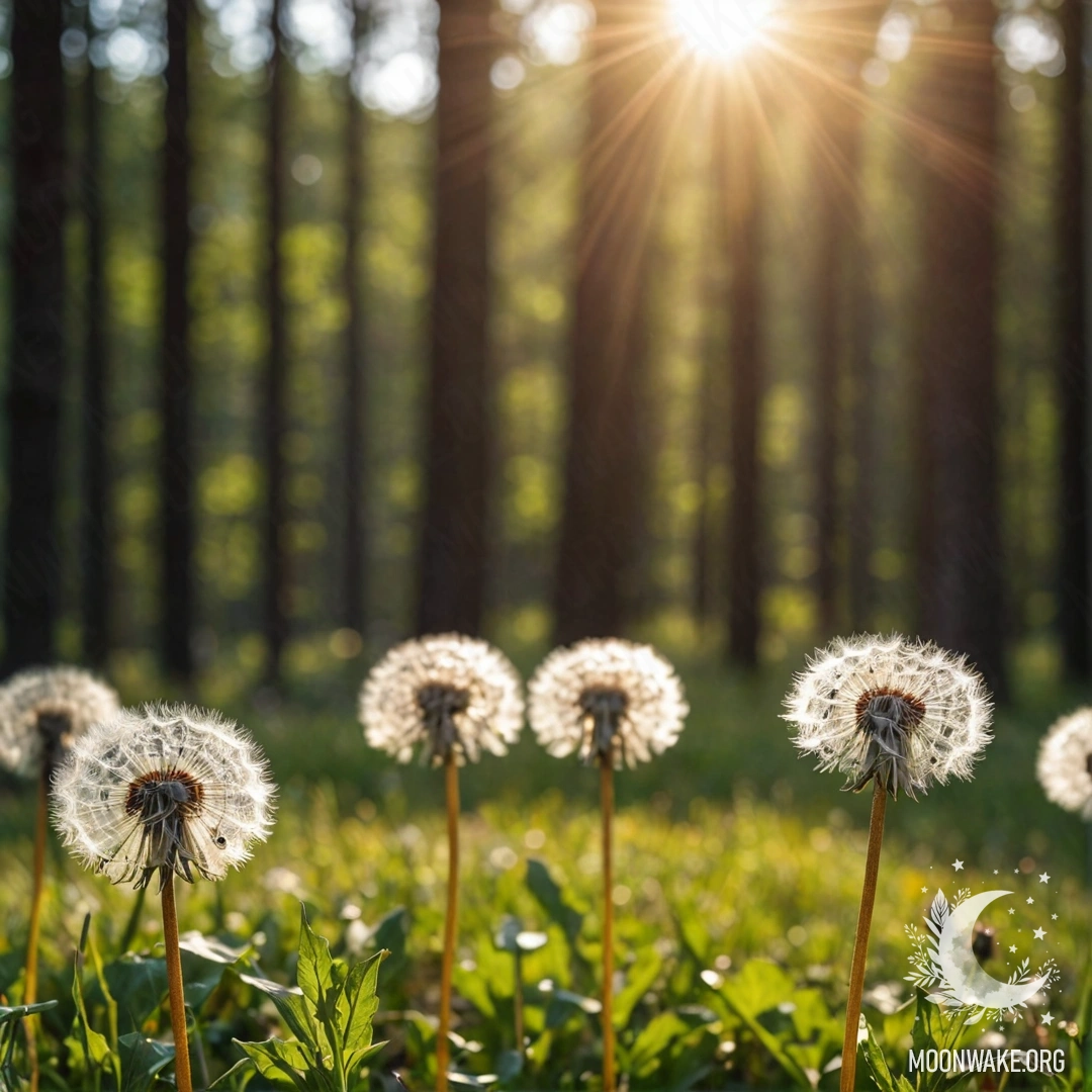 Close-up of dandelions in a field with a blurred forest background.