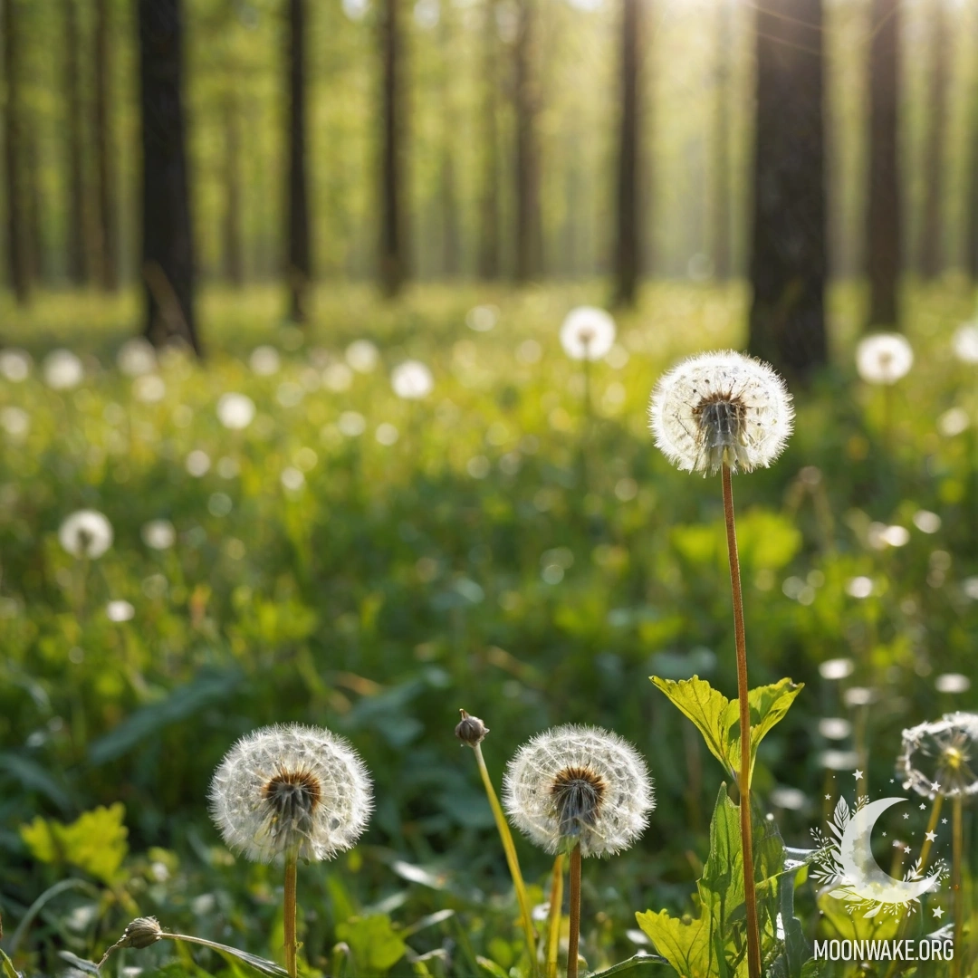 A close-up of dandelions in a sunny field, with a blurred forest in the background.