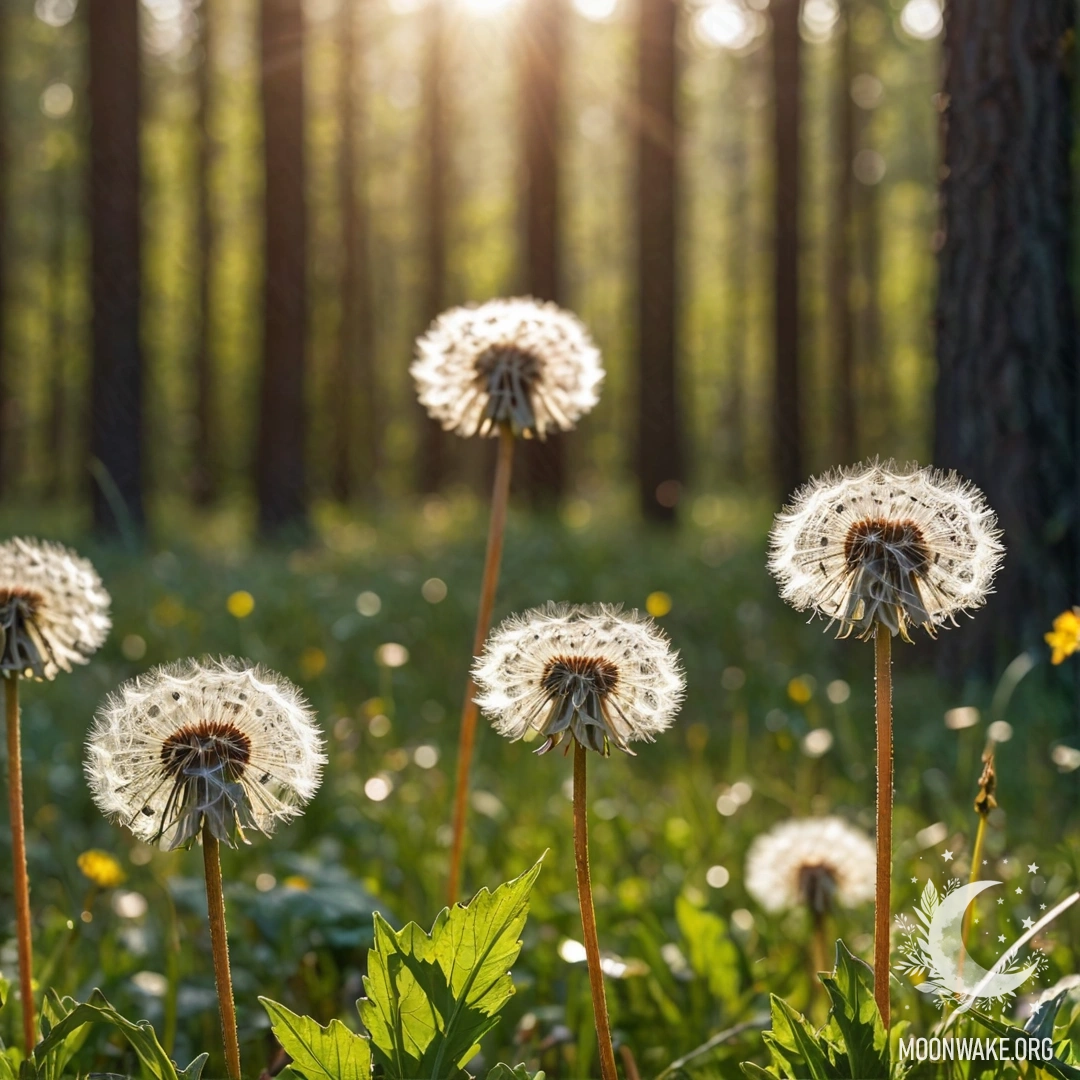 Close-up of dandelions in a field against a blurred forest backdrop with lens flares.