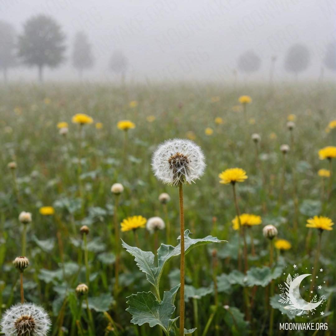 Dandelion Field in Misty Fog A close-up view of dandelions in a foggy field with bokeh flowers in the background.