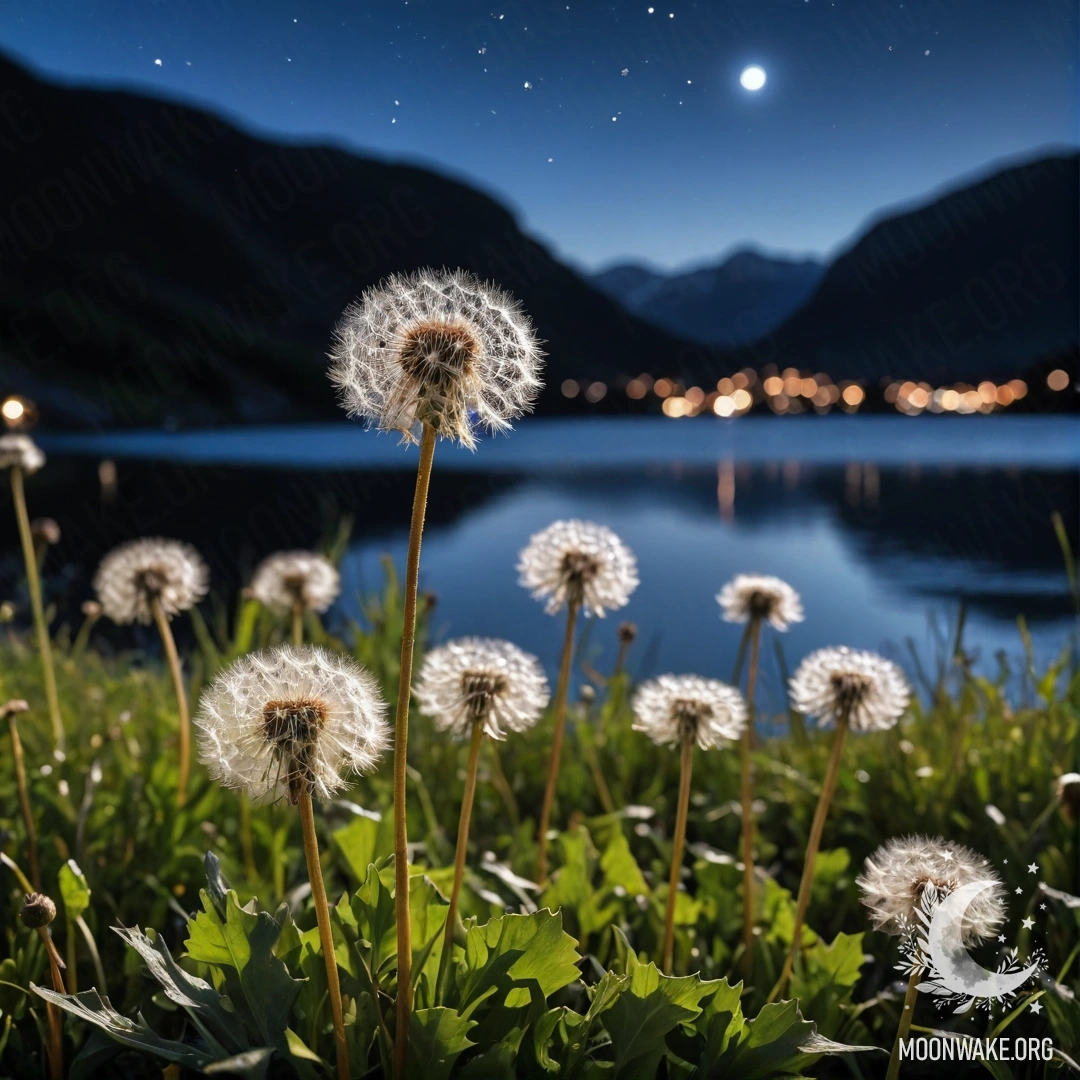 Dandelion Field by Moonlit Lake Close-up of dandelions in a field with a blurred mountain lake in the background at night.
