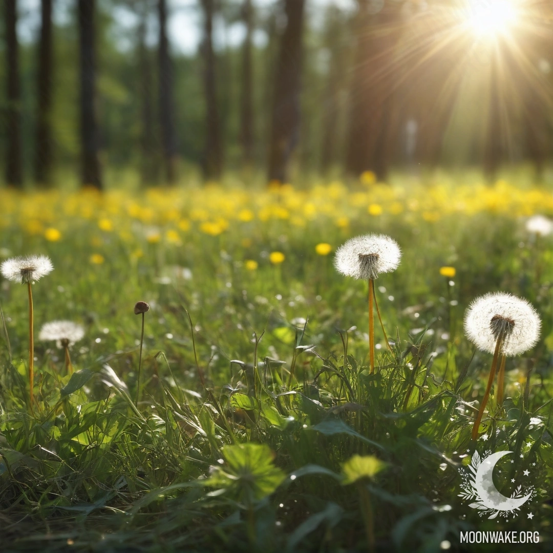 Close-up of dandelions in a peaceful field with a blurred forest background.
