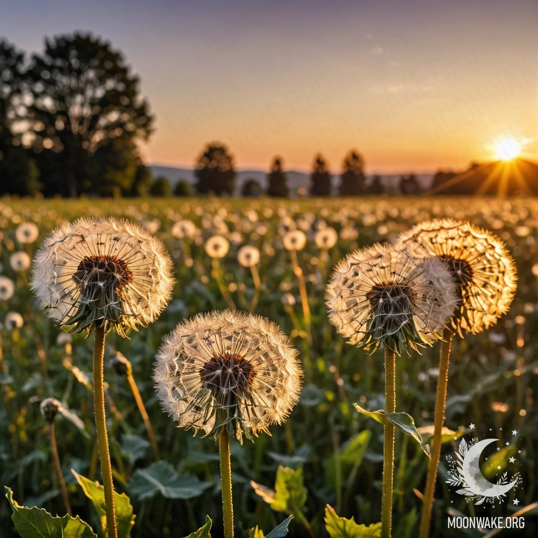 Dandelion Field at Sunset Close-up of dandelions in a field against a bokeh sunset.
