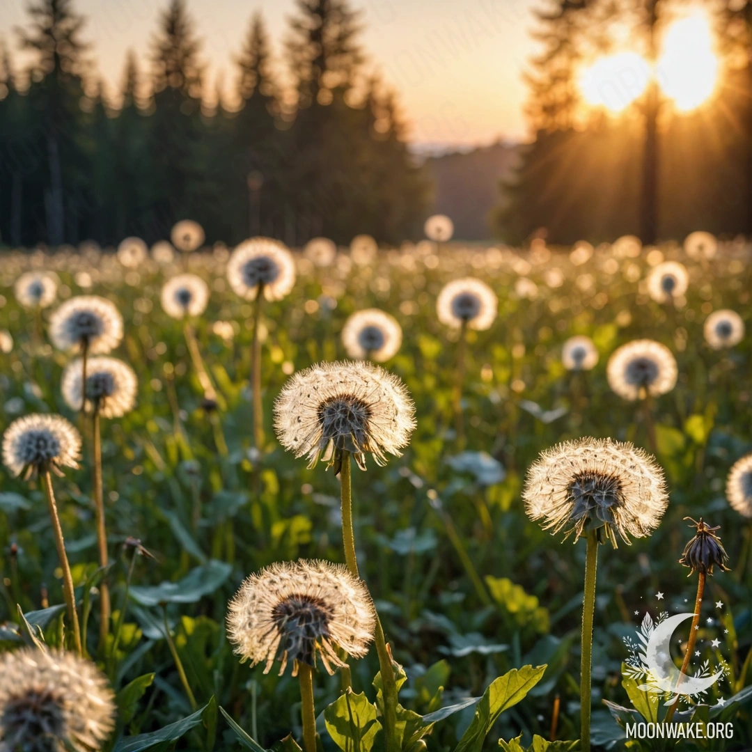 A close-up of dandelions in a peaceful field against a blurred forest background during sunset.