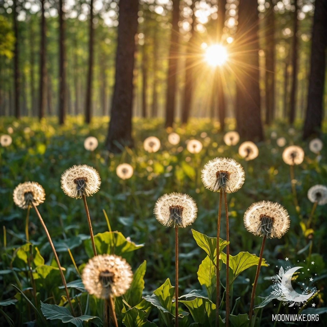 Dandelion Field at Sunset Close-up of dandelions in a field with a blurred forest background and sunlight filtering through the trees.