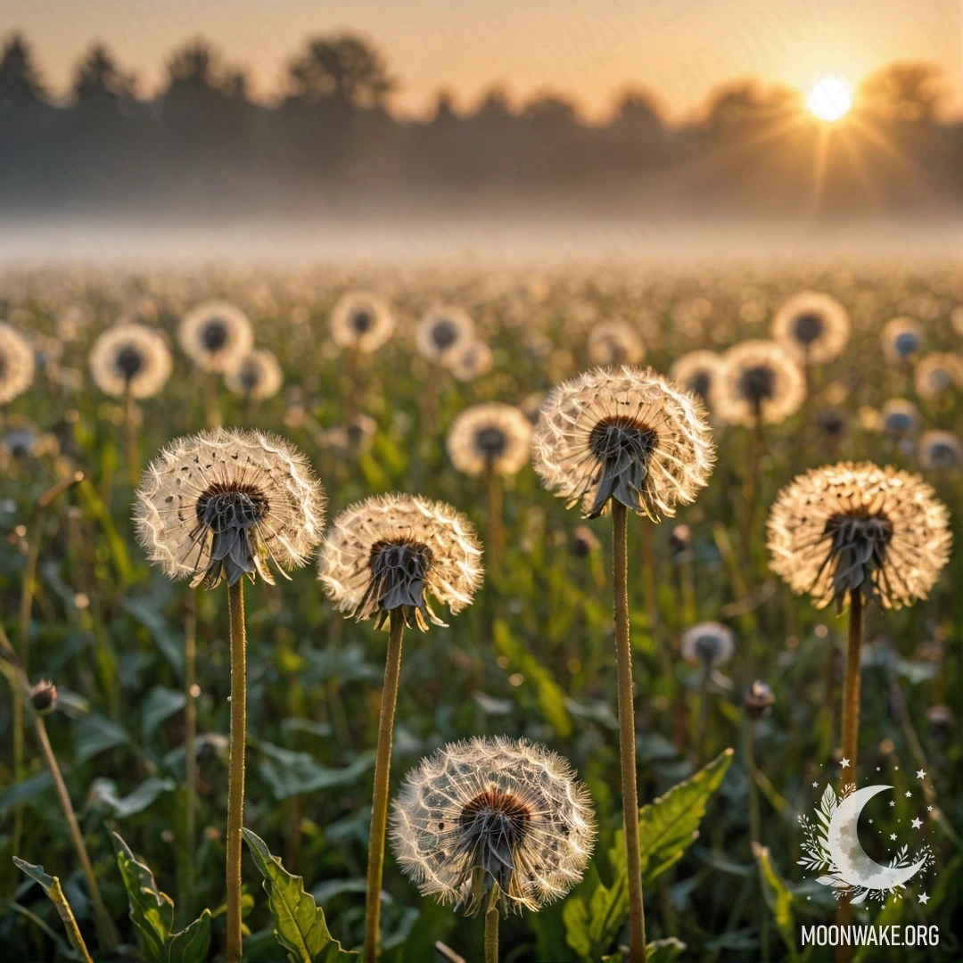 A close-up view of dandelions in a field with a bokeh effect, surrounded by fog and sunset rays.