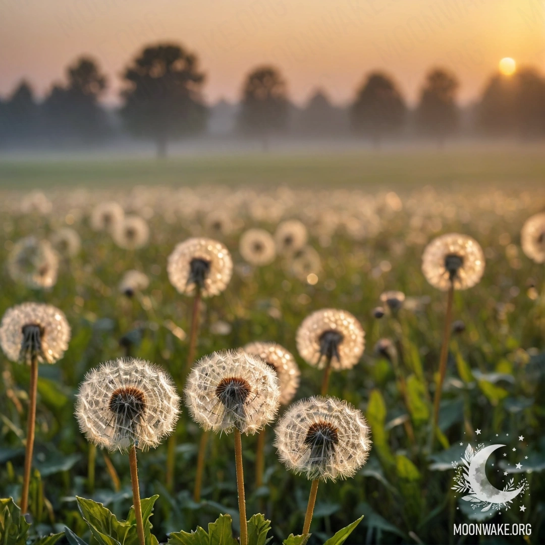Dandelion Field at Sunset Close-up of dandelions in a hazy field during sunset with bokeh effect.