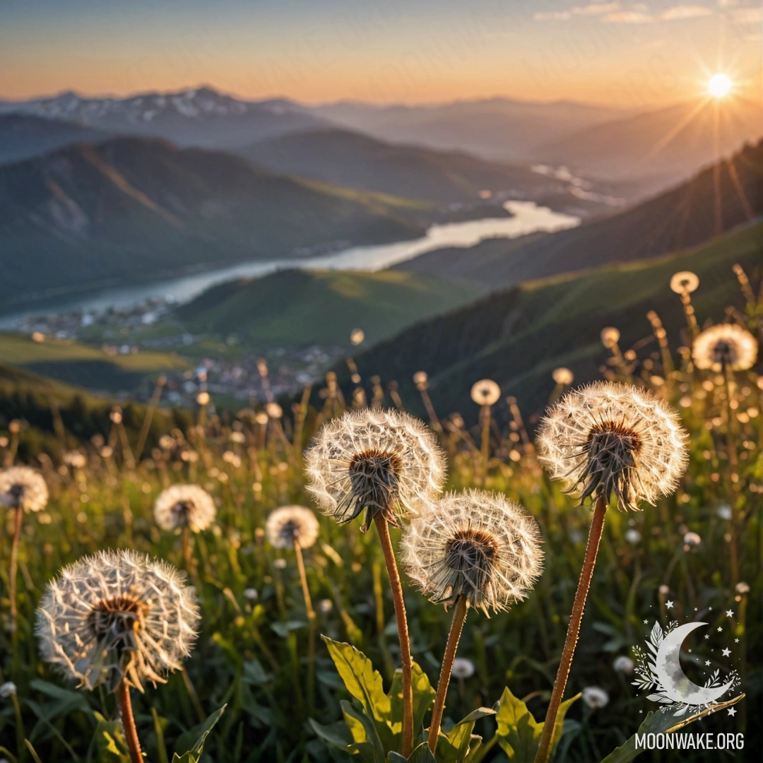 Close-up of dandelions in a romantic field with a bokeh mountain background during sunset.