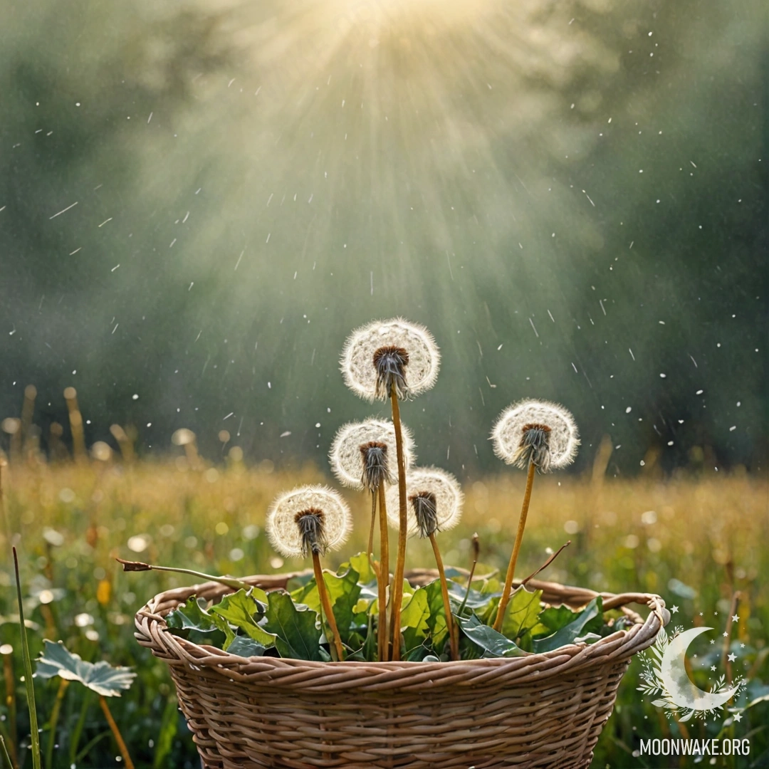 A golden basket filled with dandelions in misty rain with sunlight.