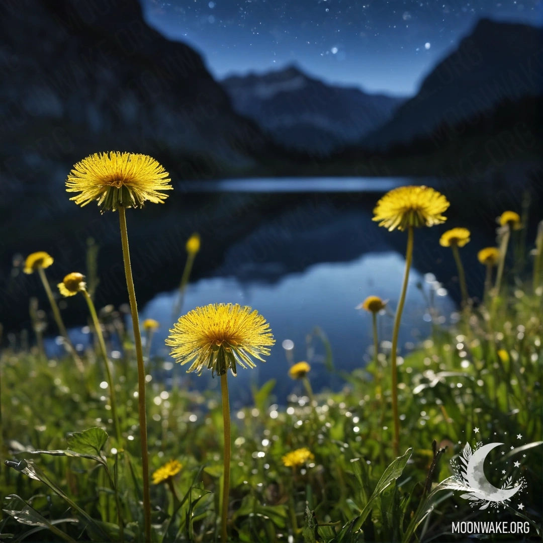 Close-up of dandelions in a field against a bokeh mountain lake background at night.