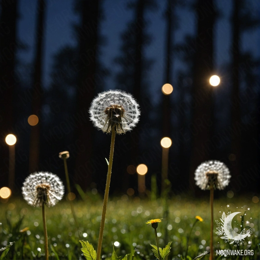 Close-up of dandelions against a blurred forest background at night.
