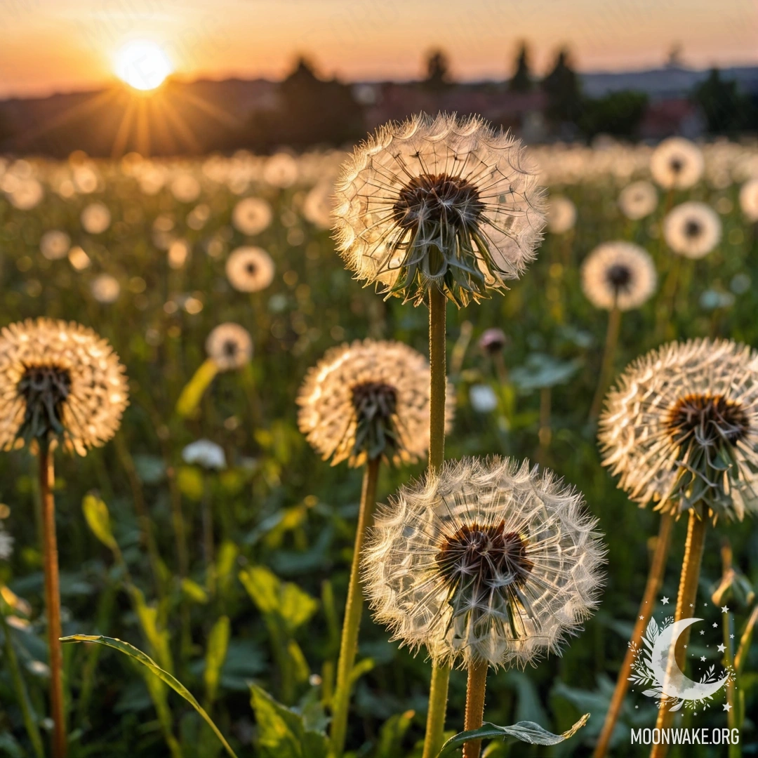 A close-up of dandelions in a field against a bokeh sunset background.