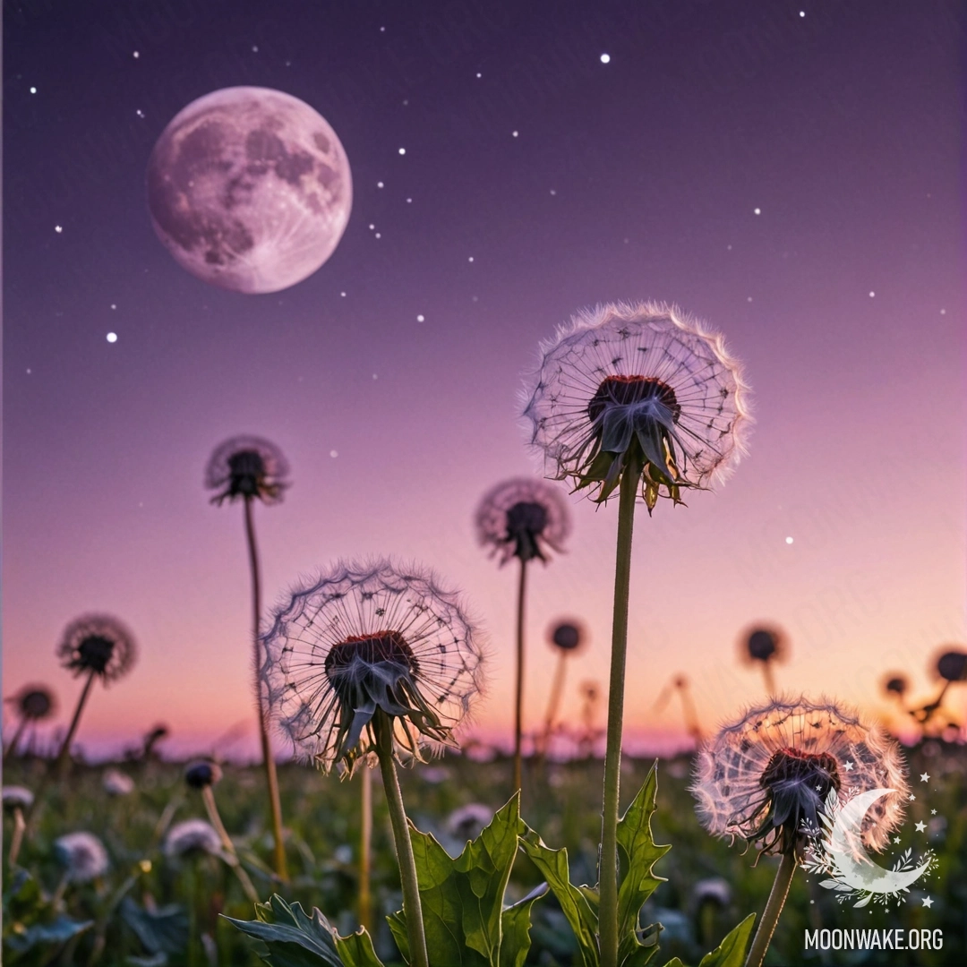 Dandelions at Sunset Close-up of dandelions in a field against a pink violet sky with a moon during sunset.