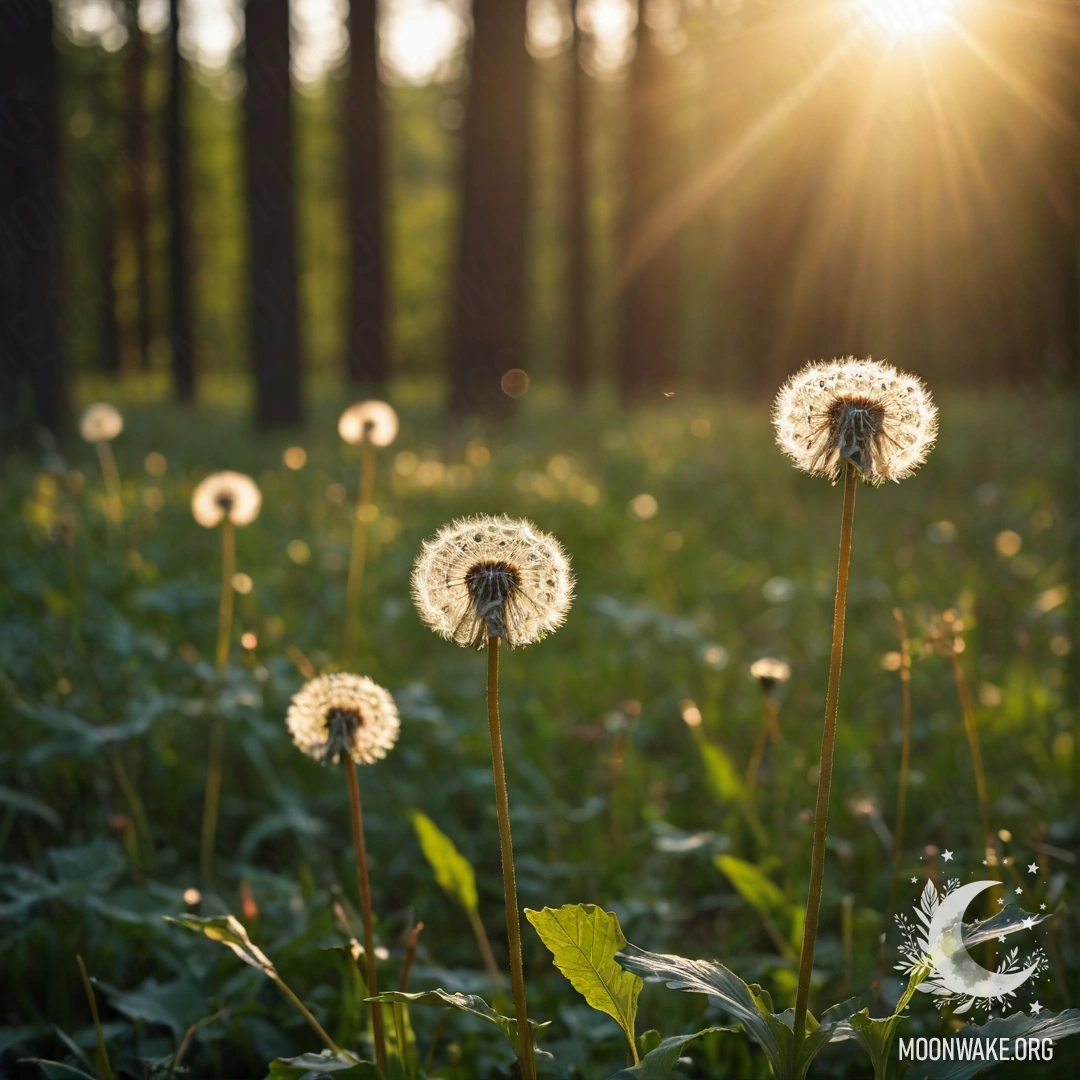 Dandelions in a Magical Bokeh Forest A close-up view of dandelions in a field, with a blurred forest in the background, illuminated by sunset rays.
