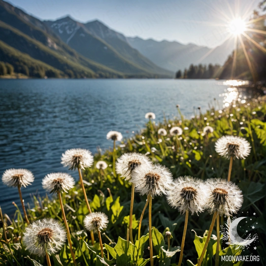 Close-up of dandelions in a peaceful field with a bokeh background of a mountain lake illuminated by sun rays.