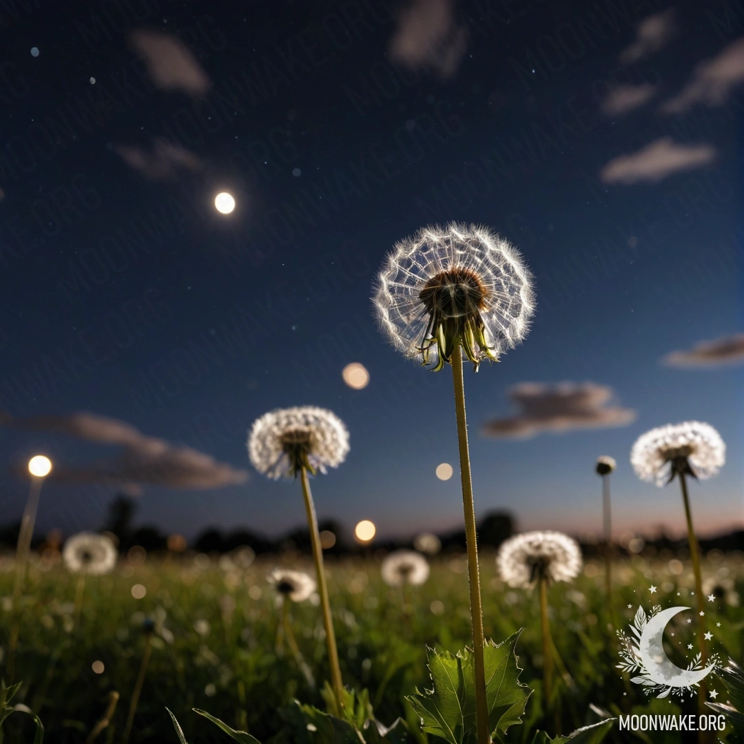Close-up of dandelions in a field against a blurred night sky with clouds.