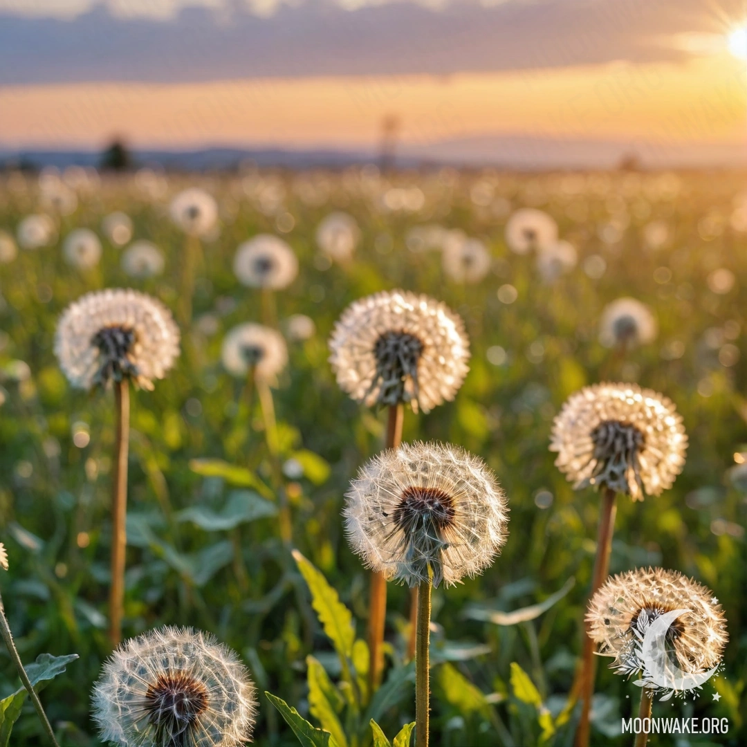 Close-up of dandelions surrounded by blurred field flowers during sunset.