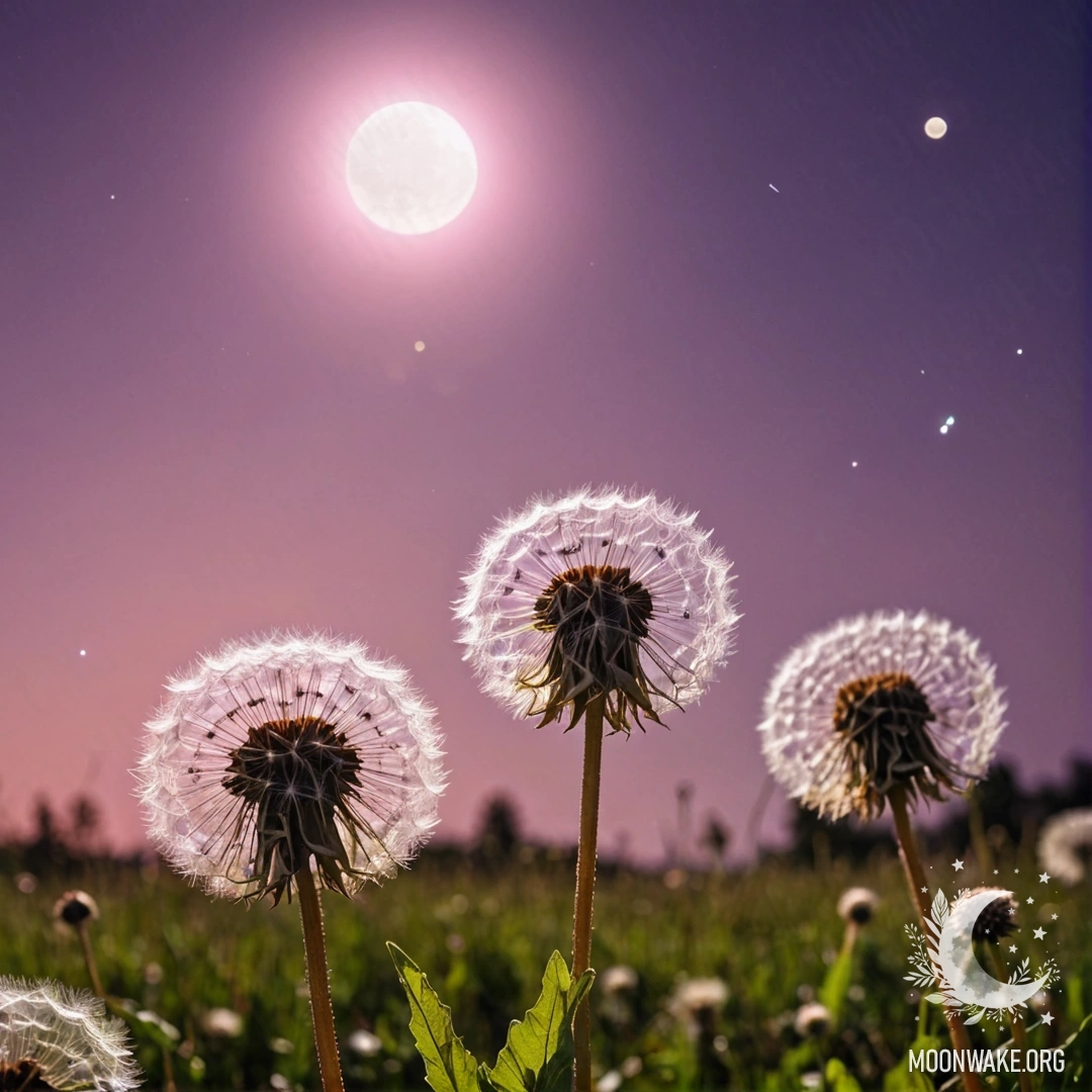 Dandelions in a Dreamy Sunset Close-up of dandelions in a cozy field under a pink violet sky with the moon.