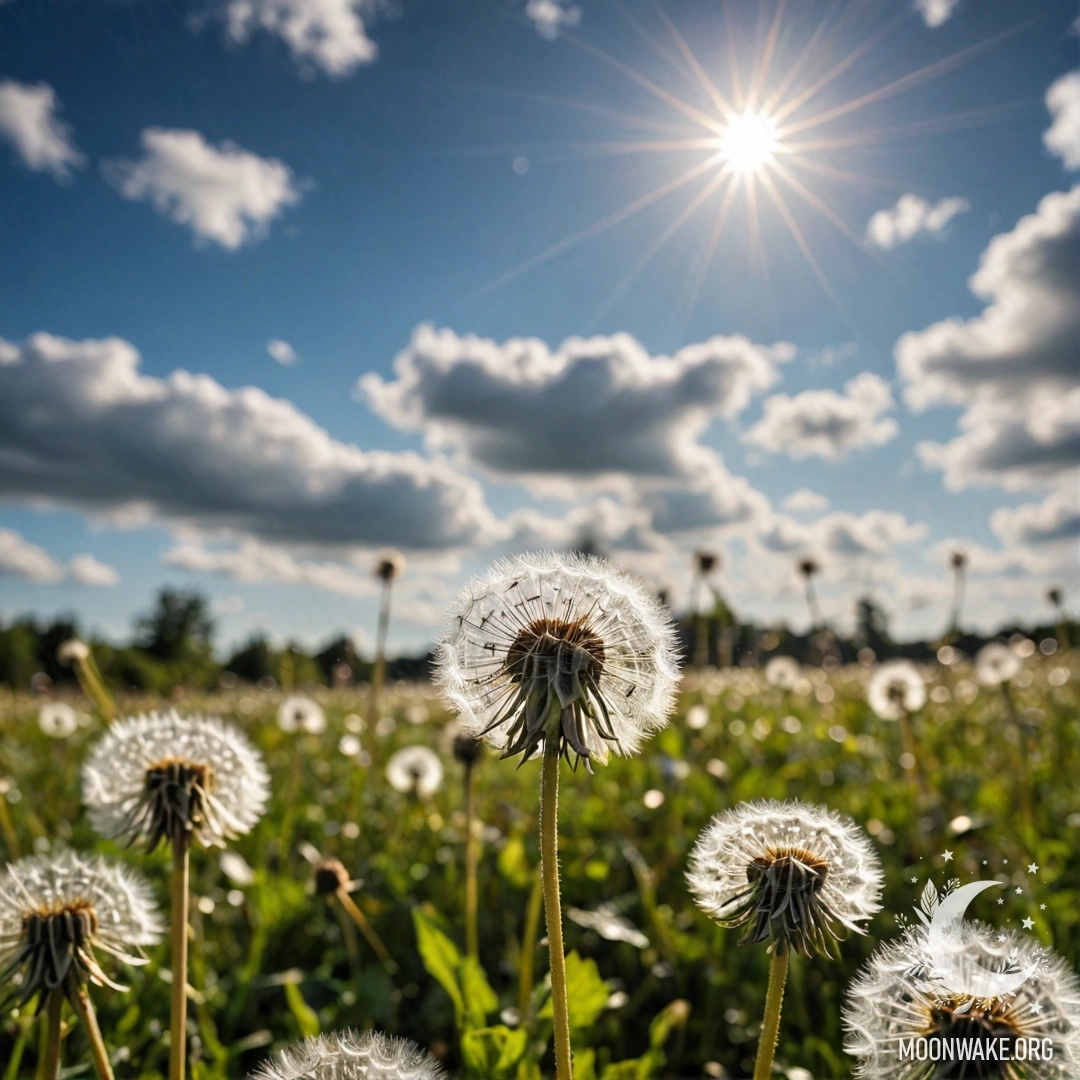 Dandelions in a Dreamy Sky A close-up of dandelions in a field against a blurred sky with clouds.