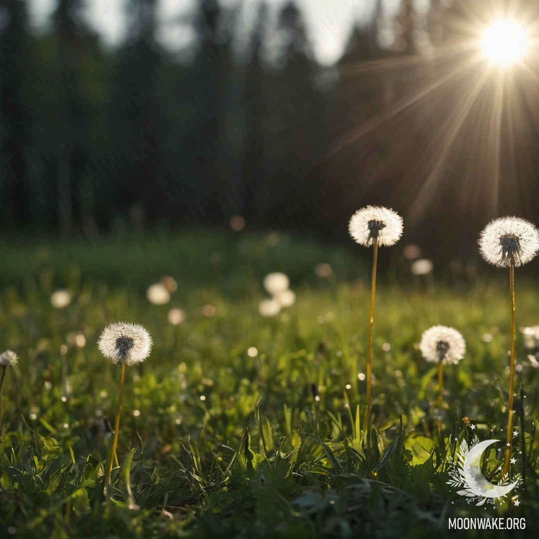 Close-up of dandelions in a blurred forest with sun rays at night.