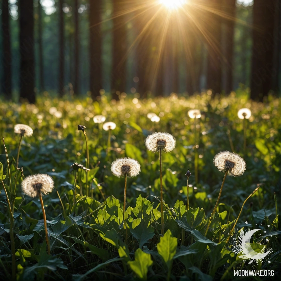 Dandelions in a Dreamy Forest Close-up of dandelions in a field with a bokeh forest background and sun rays filtering through trees at night.