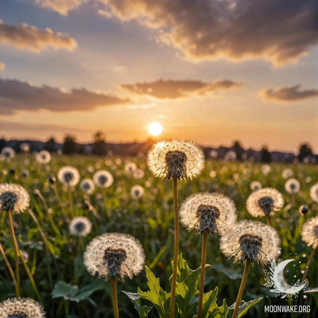 Close-up of dandelions in a peaceful field against a blurred sky at sunset.