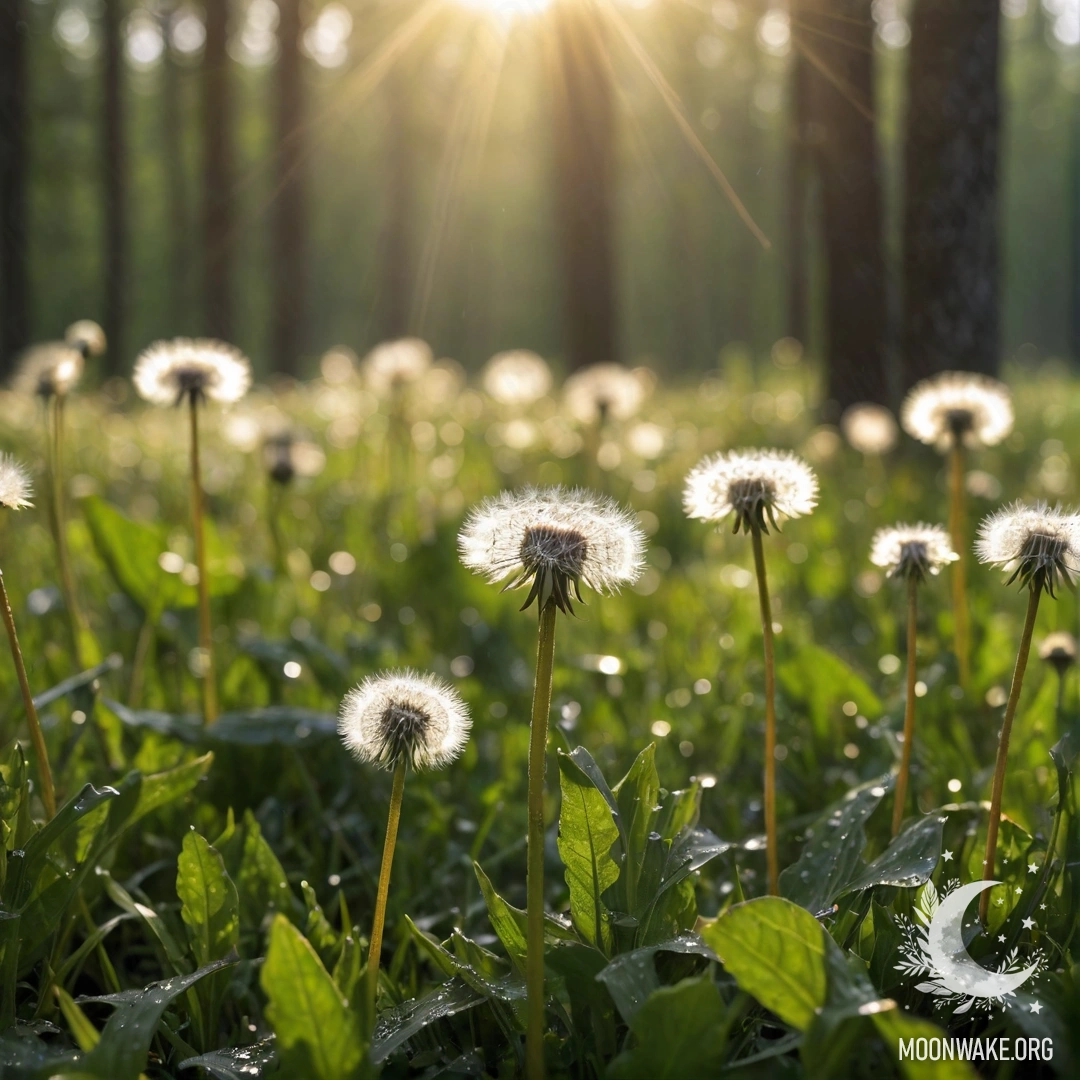 Dandelions in Bokeh Close-up of dandelions against a blurred forest background with sunlight filtering through rain.