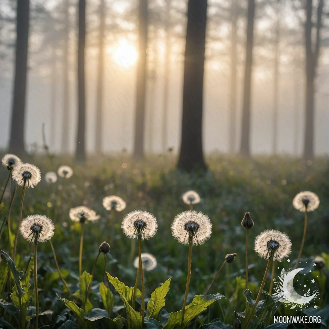 Close-up of dandelions in a peaceful field with a blurred forest background.