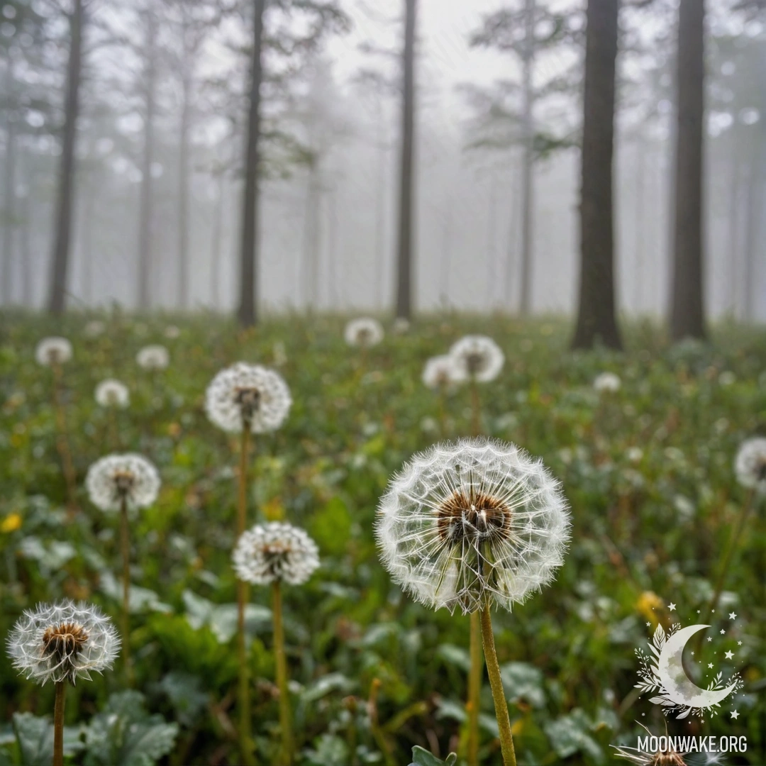 Close-up of dandelions in a peaceful field with a blurry forest in the background and dense fog enveloping the scene.