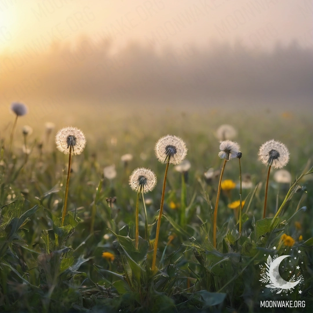 Dandelions in Misty Sunset Close-up of dandelions in a field, surrounded by soft fog and bokeh.