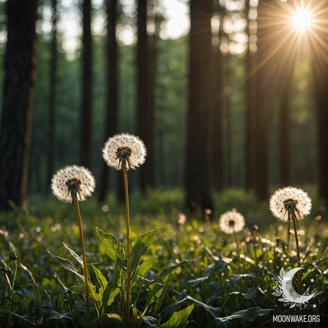 Close-up of dandelions in a field with a blurred forest background, illuminated by soft rays of moonlight.