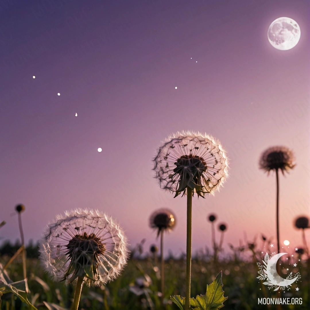 Close-up of dandelions against a pink violet sky with the moon and sun.