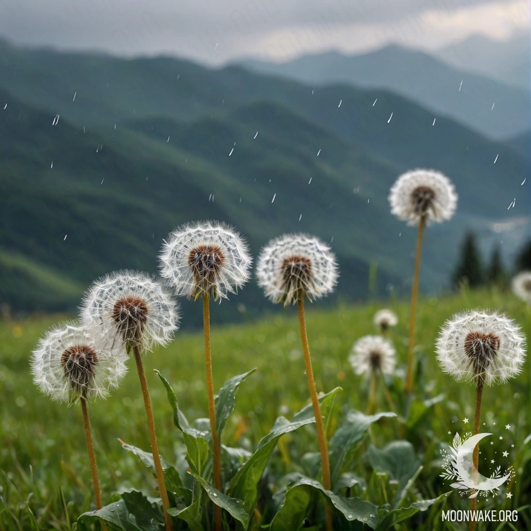 Close-up of dandelions in a field with blurred mountains in the rain.
