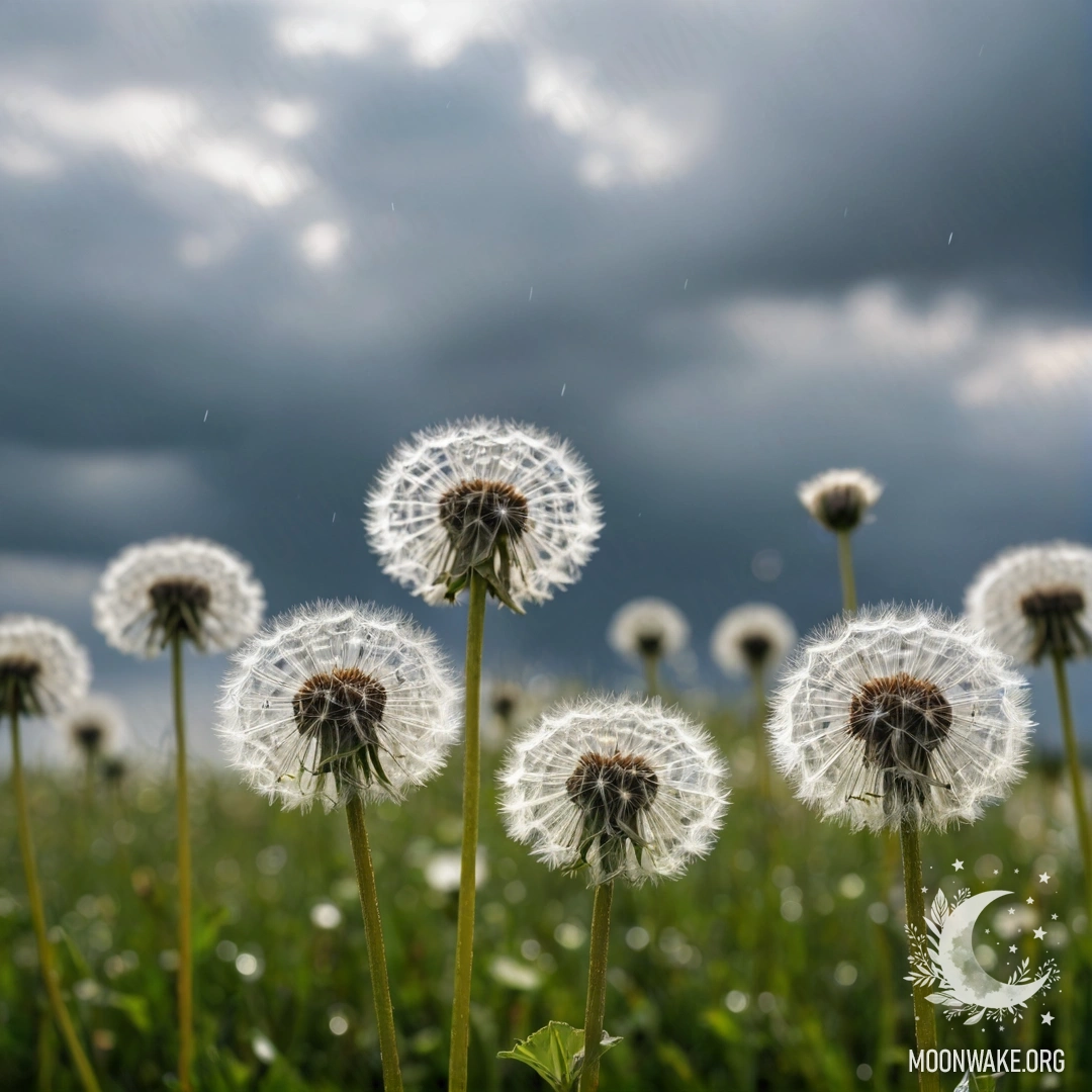 A close-up view of dandelions in a field with a blurred sky background, rain falling.