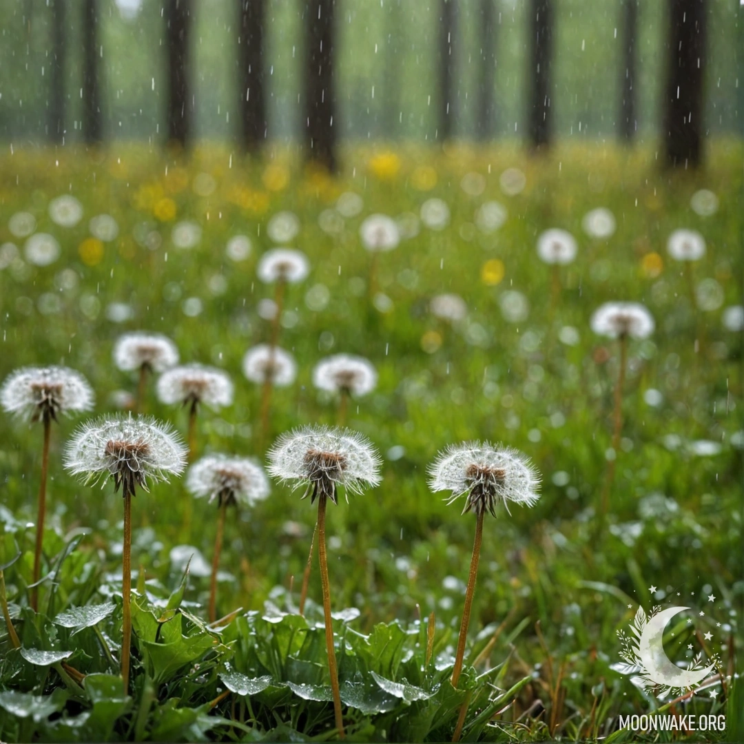 A close-up view of dandelions in a field, blurred forest background with rain droplets.