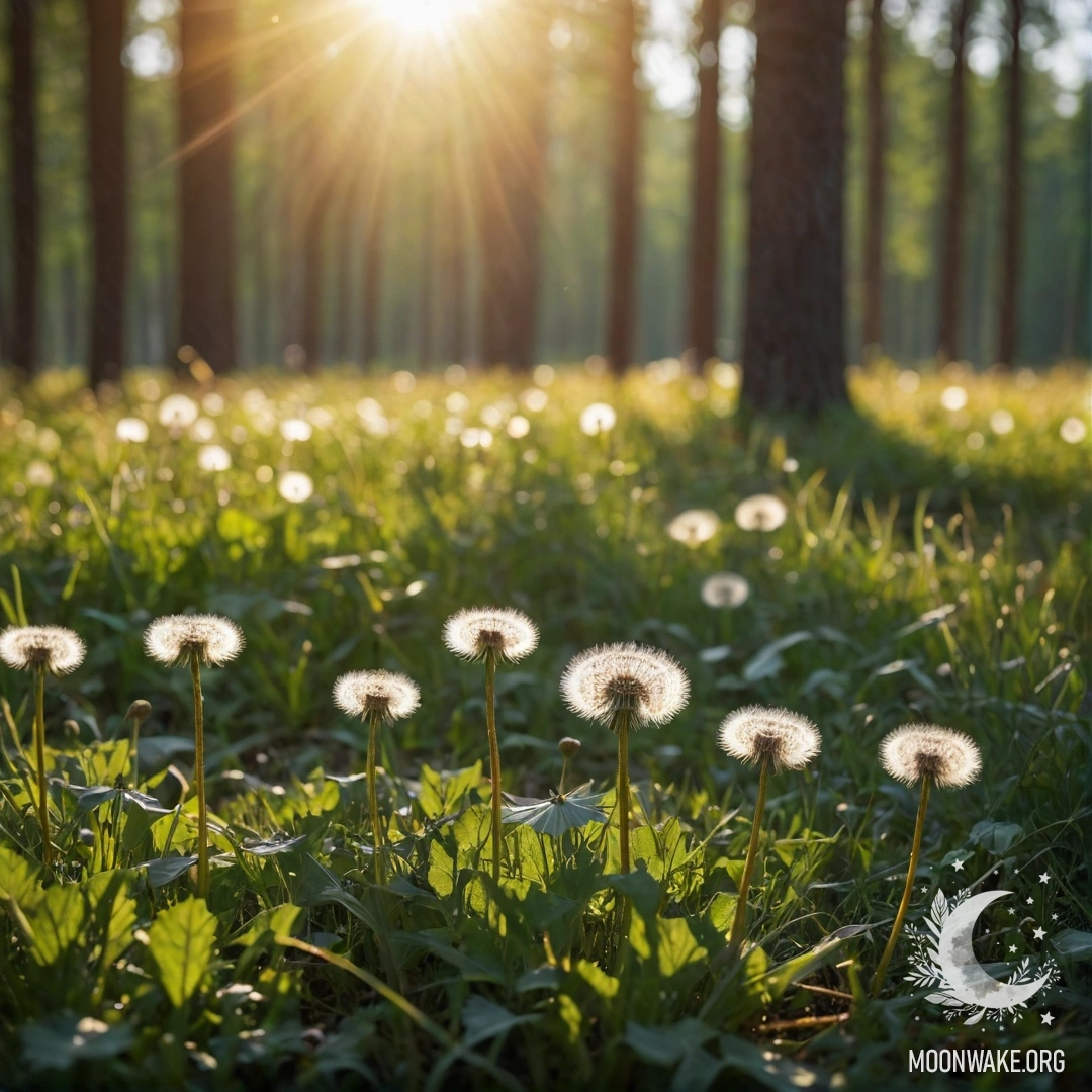 Dandelions in a Serene Forest A close-up of dandelions in a calm field with a blurred forest background.