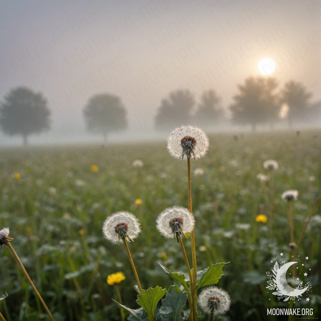 Dandelions in the Misty Field Close-up of dandelions against a blurred misty sky.