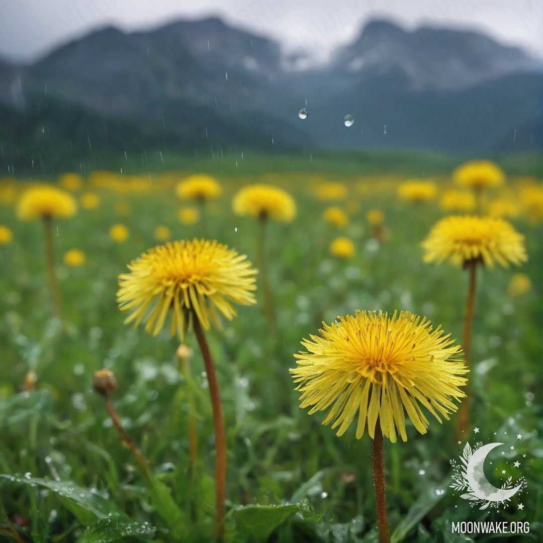 Close-up of dandelions in a field under rain with blurred mountain background.