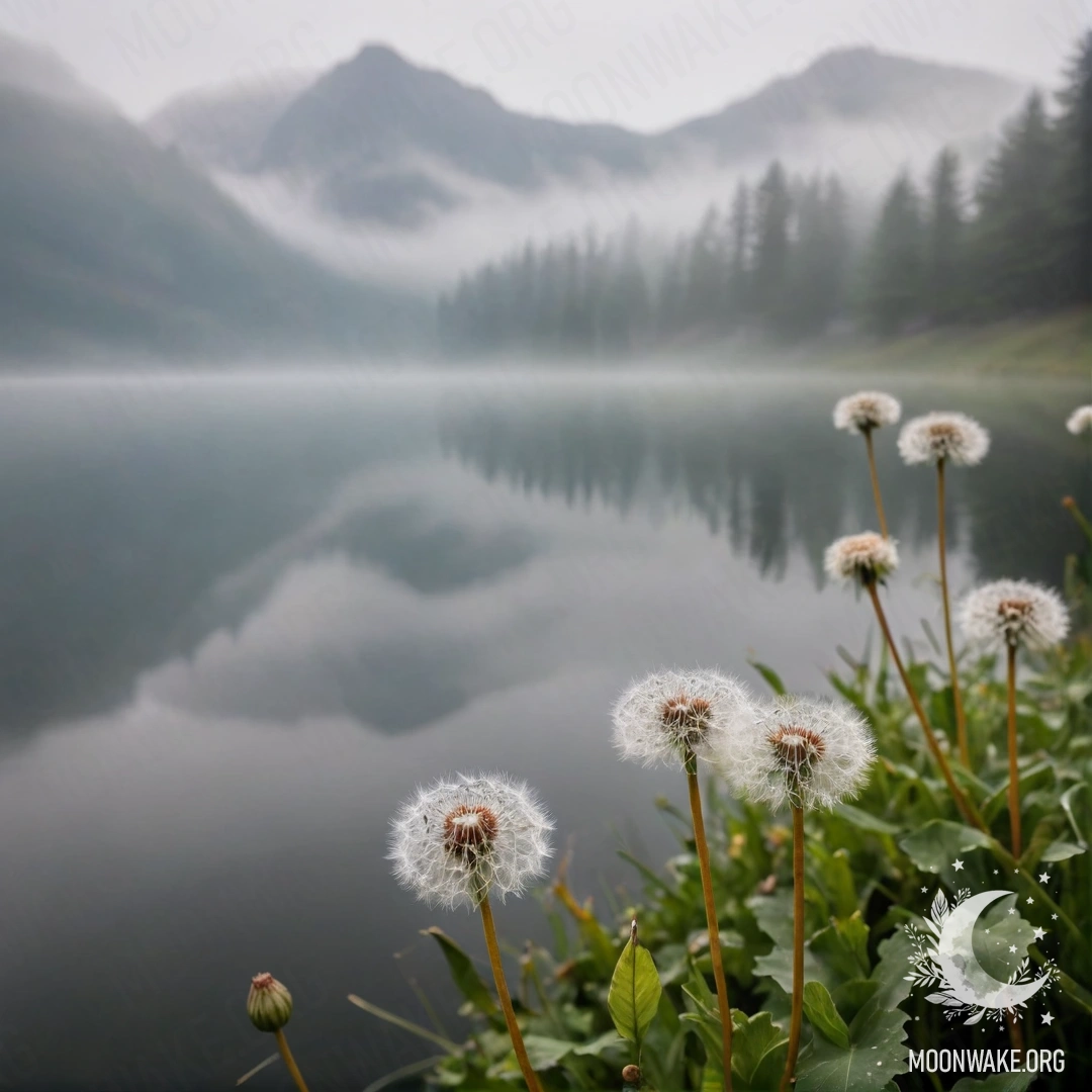 Dandelions and Misty Mountains A close-up of dandelions in a cozy field with a bokeh background of a misty mountain lake.