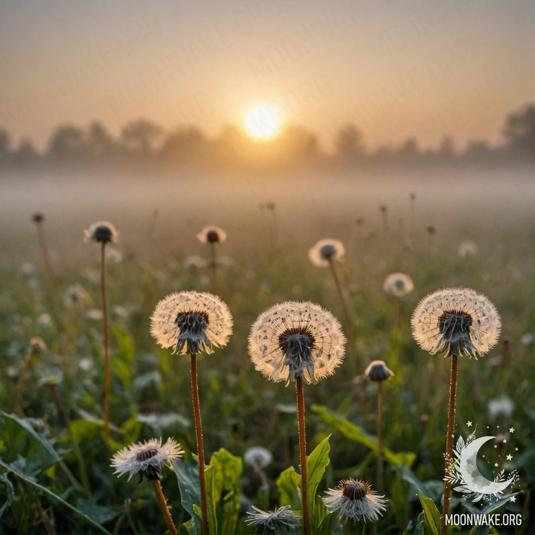 Close-up of dandelions in a foggy field during sunset with bokeh effect.