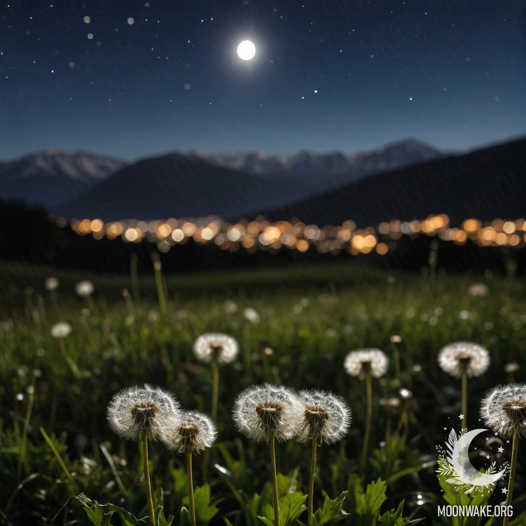 Close-up of dandelions in a calm field with mountains blurred in the background at night.