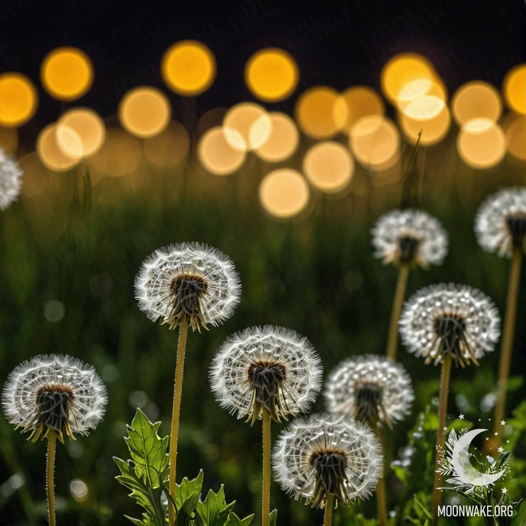 Close-up of dandelions in a peaceful field at night, with a bokeh effect of other flowers in the background.
